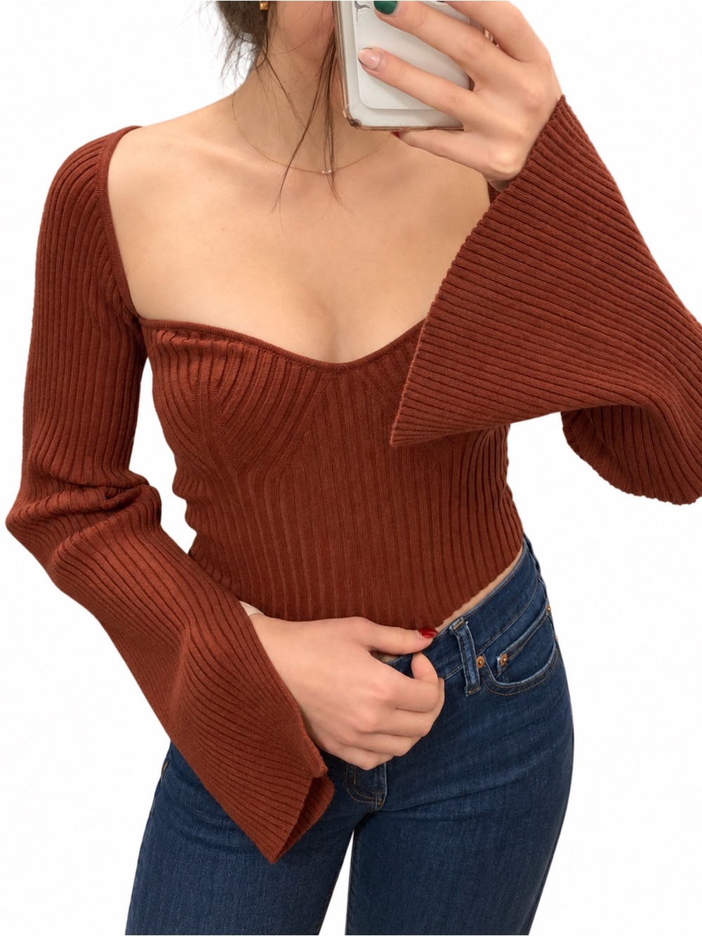 Urban Outfitters Off-the-Shoulder Ribbed Bell Sleeve Sweater - Rust Brown